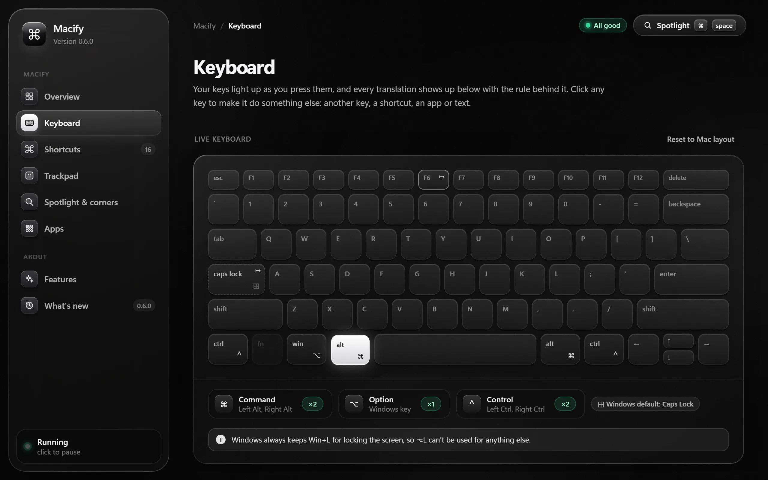 The Macify window, Keyboard page: a live keyboard showing Alt as Command, the Windows key as Option and Ctrl as Control.