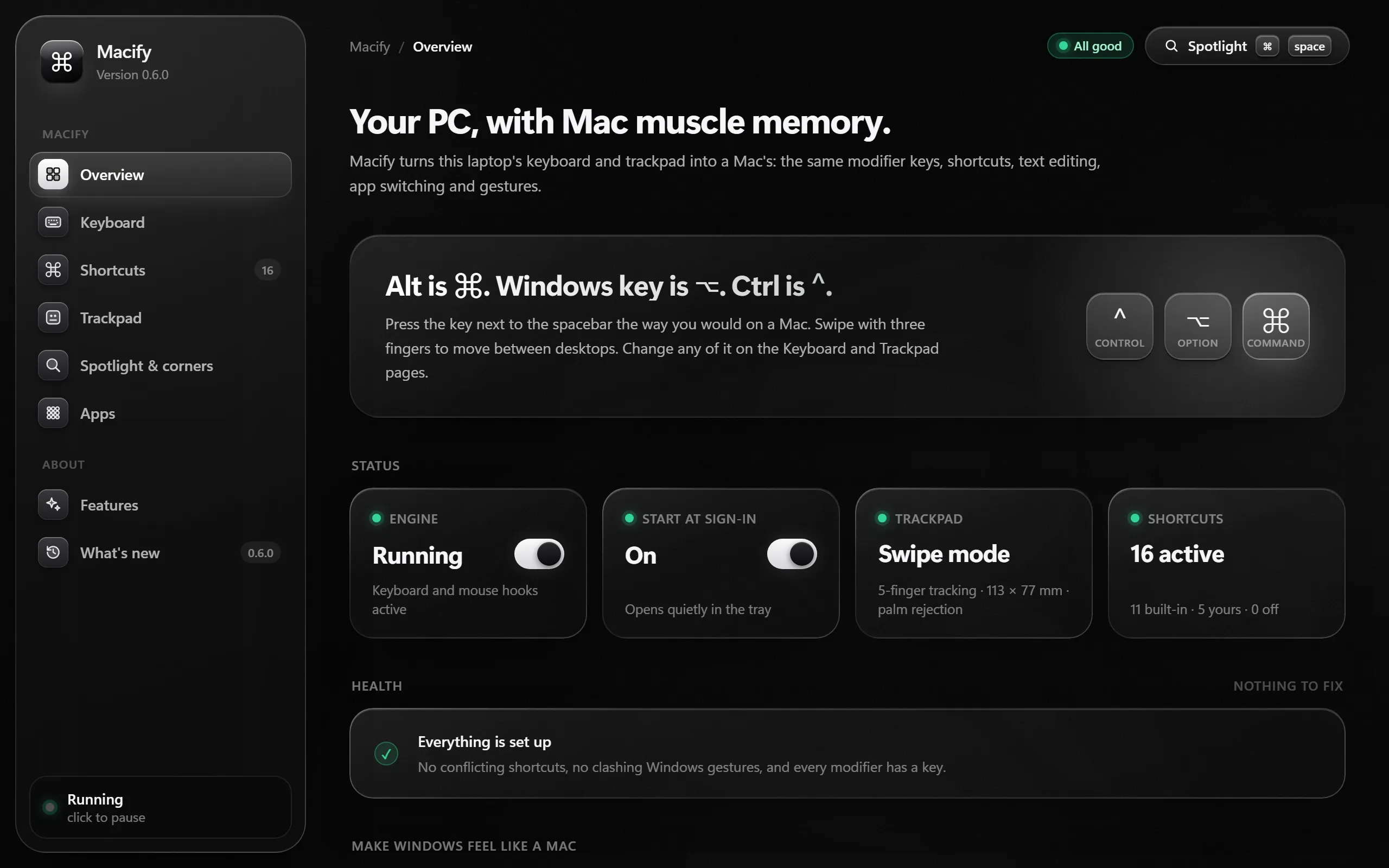 The Macify window, Overview page: status, start at sign-in, trackpad and shortcuts, all set up.